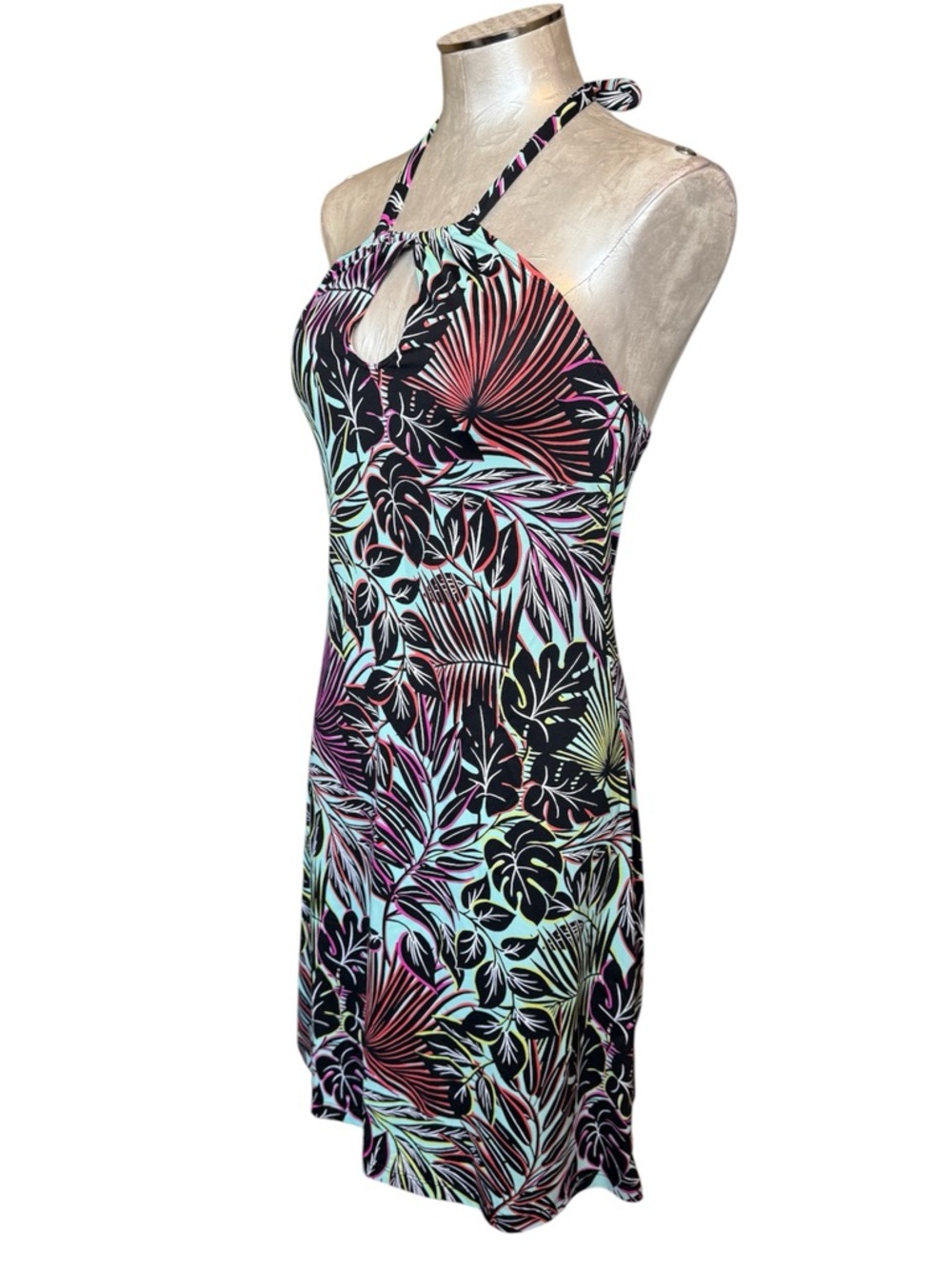 Tommy Bahama Tropical Leaf Halter Midi Dress Black Multicolor Built in bra NEW